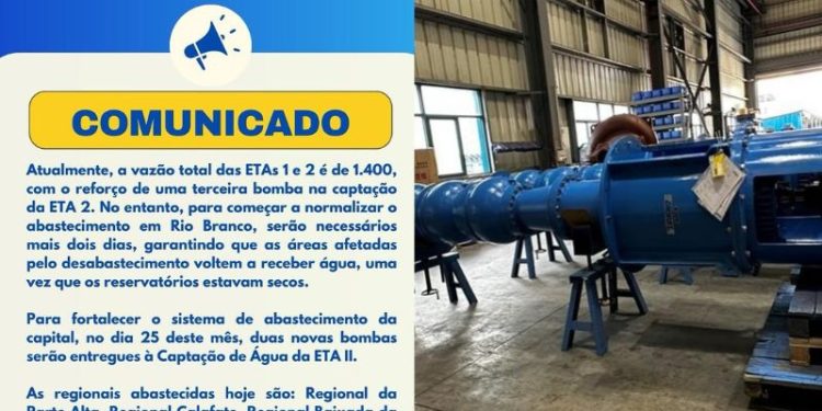 Abastecimento de água em Rio Branco deve ser normalizado em dois dias, diz Saerb