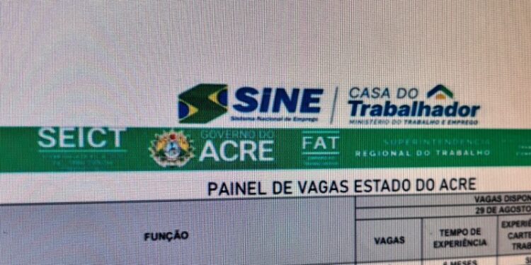 Sine Acre oferta 100 vagas de emprego nesta sexta-feira; confira painel