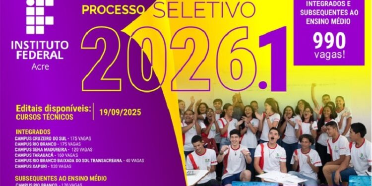 Edital com mais de 900 vagas de processo seletivo para cursos técnicos é lançado pelo Ifac