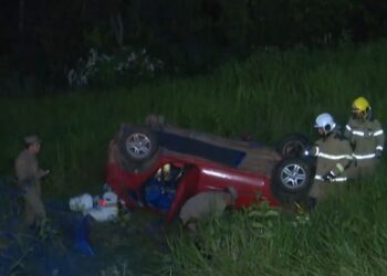 Carro capota e deixa três pessoas feridas na BR-364 neste domingo
